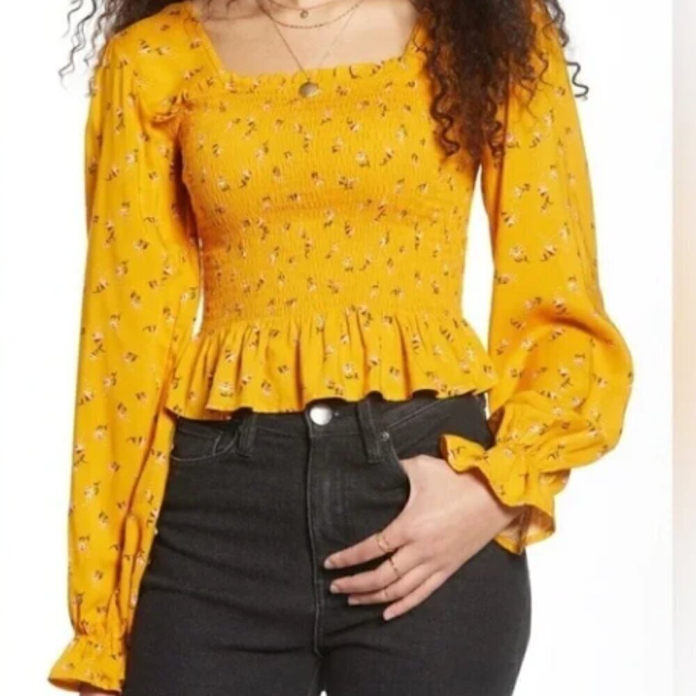 BP Mustard Yellow Floral Shirred Ruffle Hem Long Sleeve Crop Top L